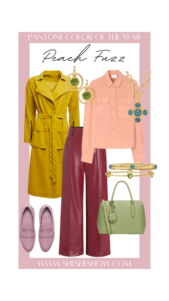 Peach fuzz button front shirt styled with wine faux leather, lilac loafers, jade green handbagm necklace and earrings and mustard trench coat