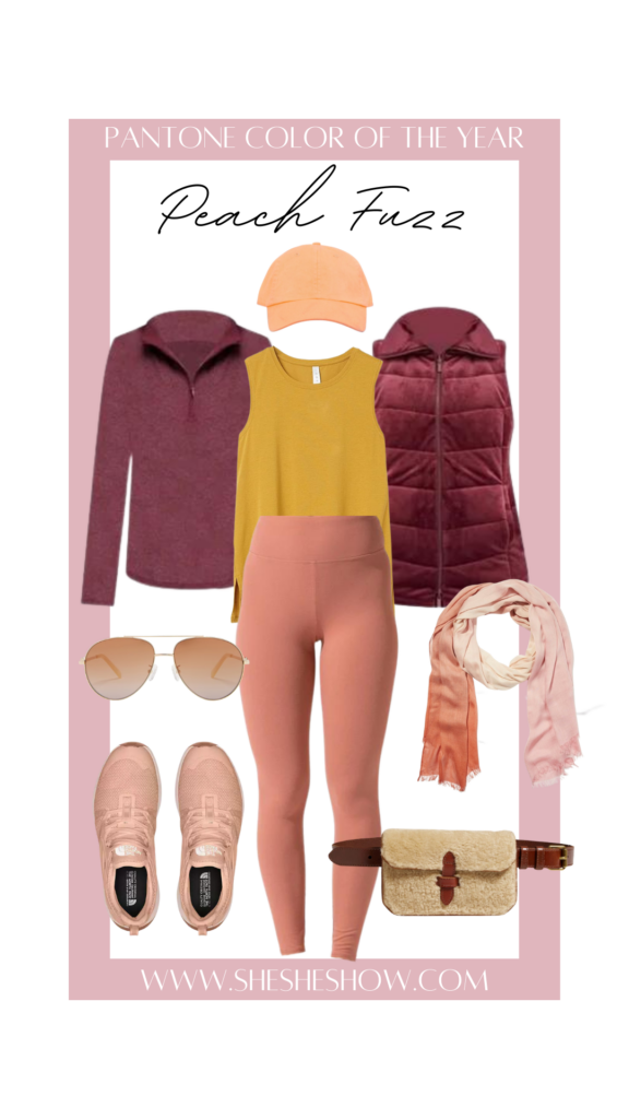 Peach Fuzz athleisure styled with yoga pants, burgundy hoodie, wine colored velvet vest, peach fuzz sneakers and peach ombre scarf