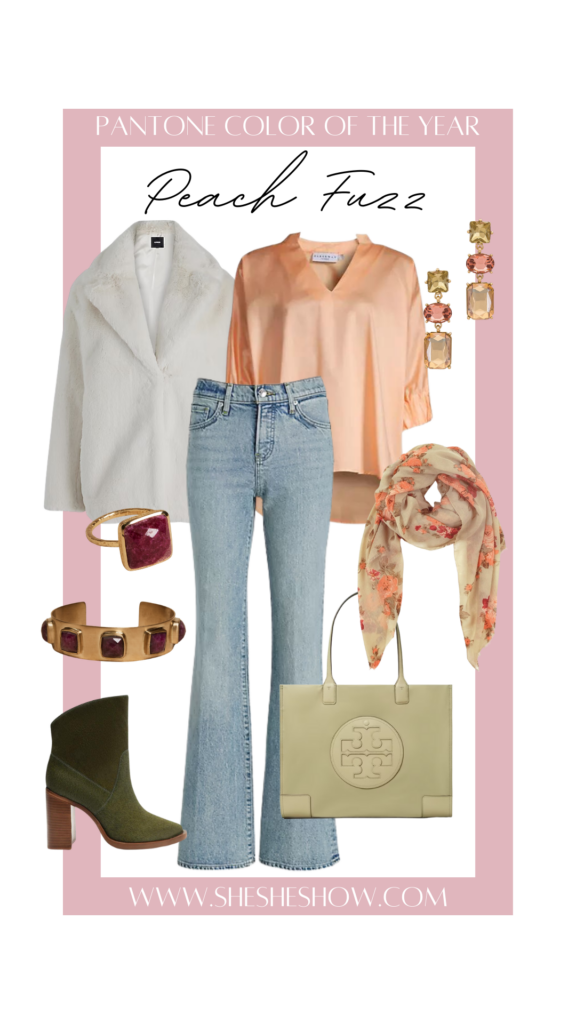 Peach fuzz top styled with jeans, faux fur coat, olive tory burch handbag and olive booties