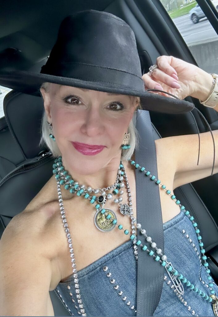 Sheree Frede of SheShe Show in denim tube top with turquoise jewelry for western wear