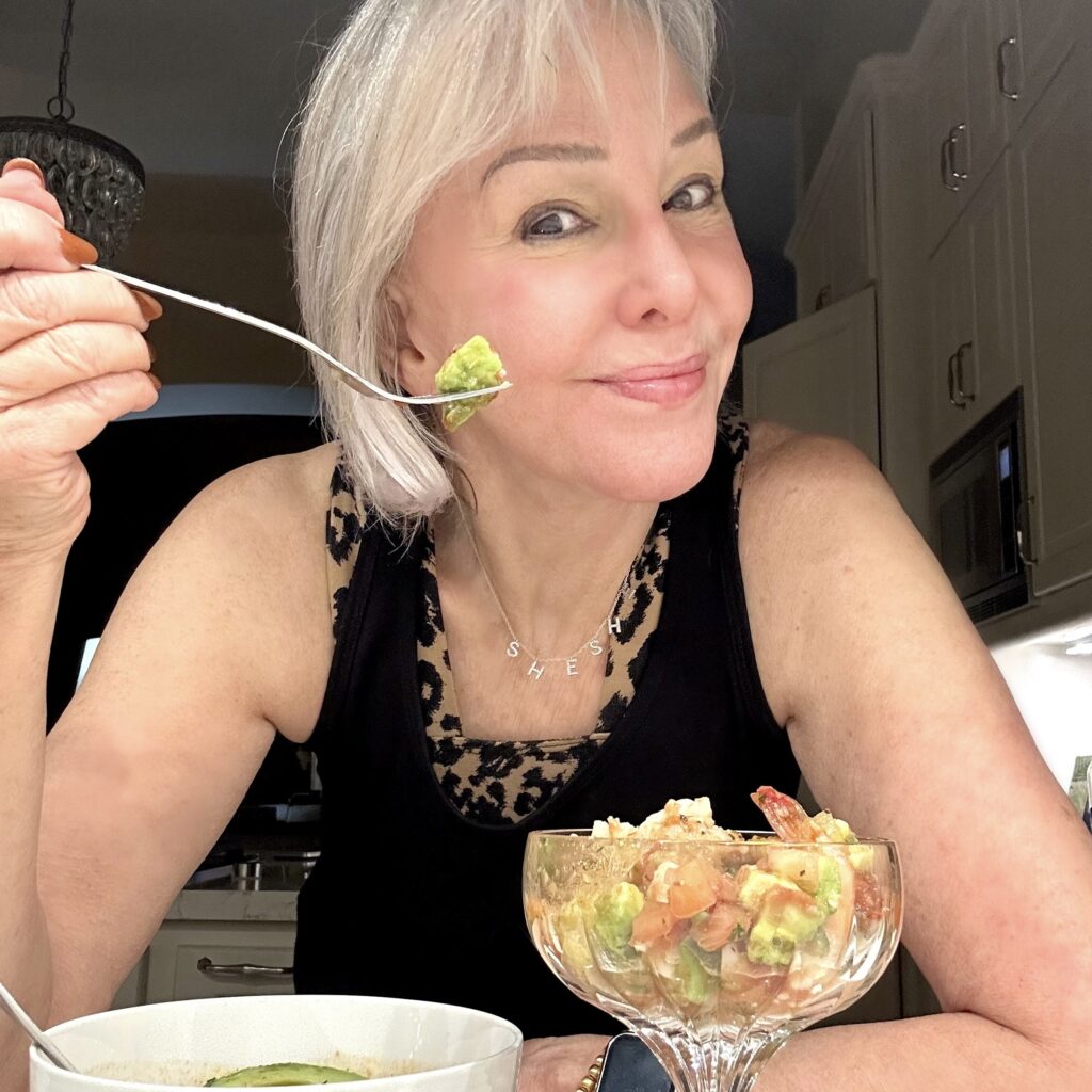 Sheree eating a healty dinner of ceviche